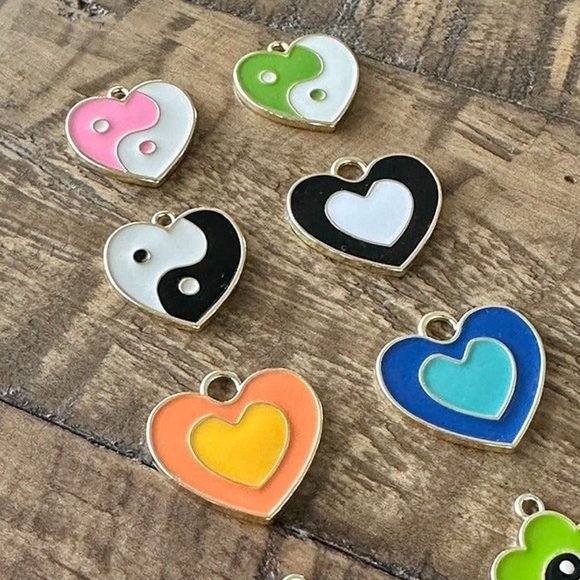 12pc Charm Set - Ying Yang Hearts - Ying Yang Flowers - Flowers - Hearts - Picture 1 of 4